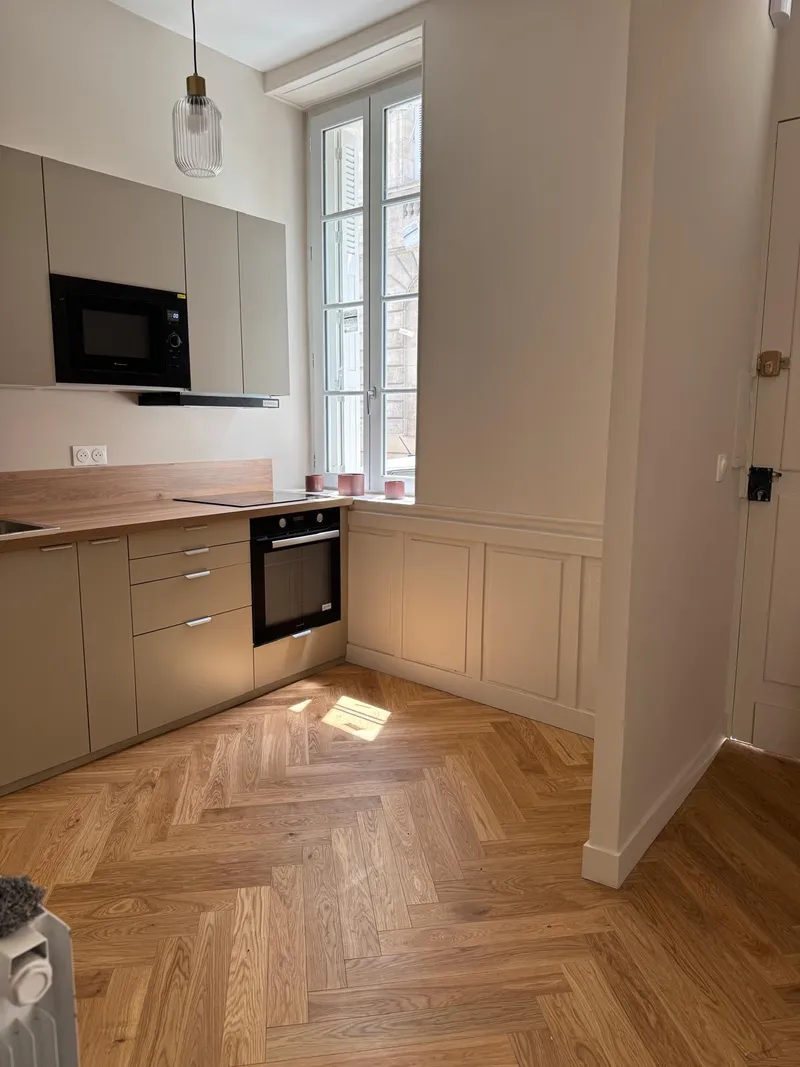 Bibliothèque terminée avec niches éclairées, inserts en bois et rangements bas autour de la cheminée