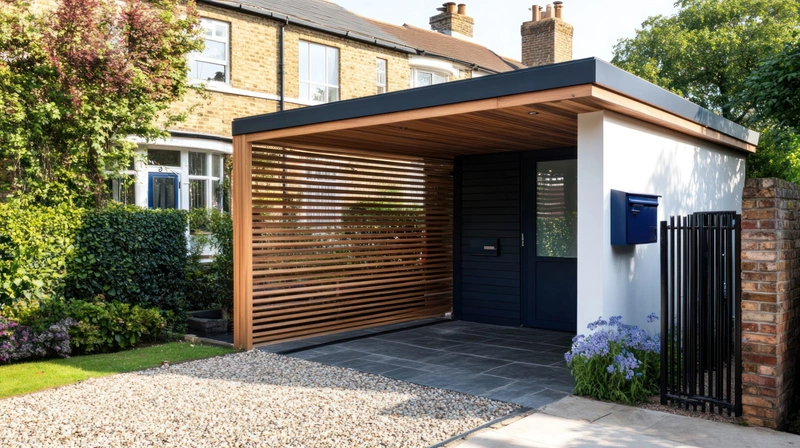 Extension contemporaine avec claustra en bois et entrée pavée devant une maison