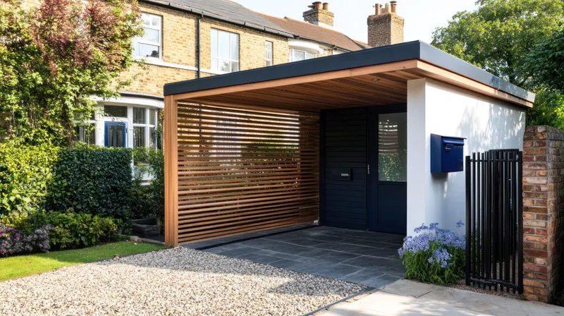 Extension contemporaine avec claustra en bois et entrée pavée
