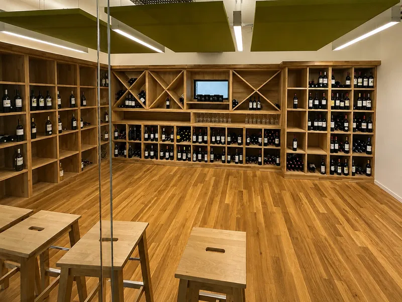 Cloison en bois sombre et miroirs séparant salle à manger et bureau