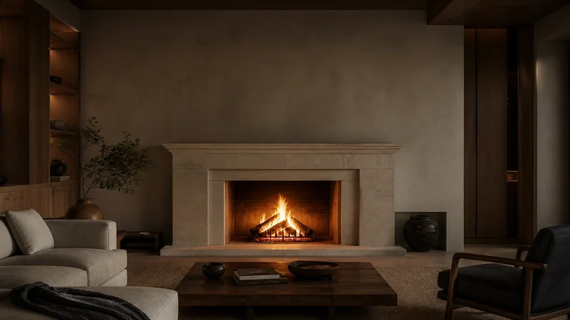 Salon contemporain avec cheminée en pierre naturelle et feu de bois