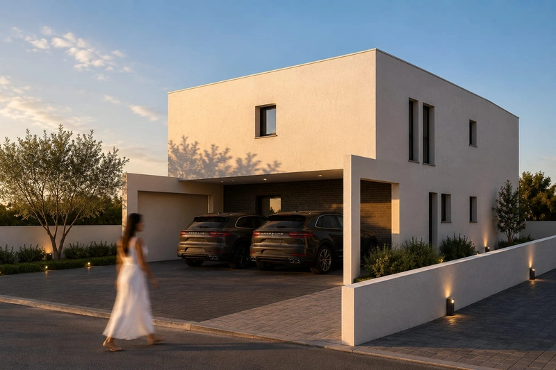 Maison contemporaine à deux niveaux avec garage double et façade claire au crépuscule