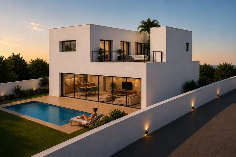 Vue de conception d’une villa contemporaine avec terrasse, larges baies vitrées et bassin extérieur